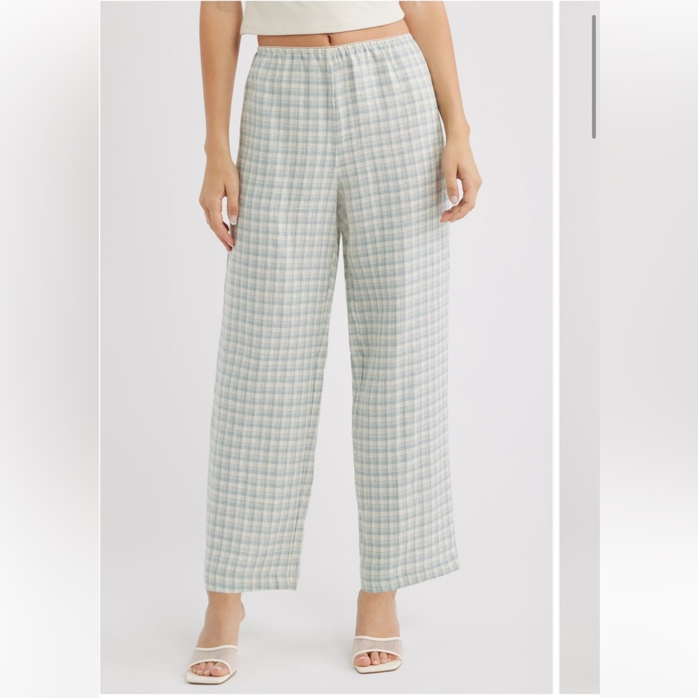 Reformation Wide-Leg Linen Plaid Pants in Blue Gingham